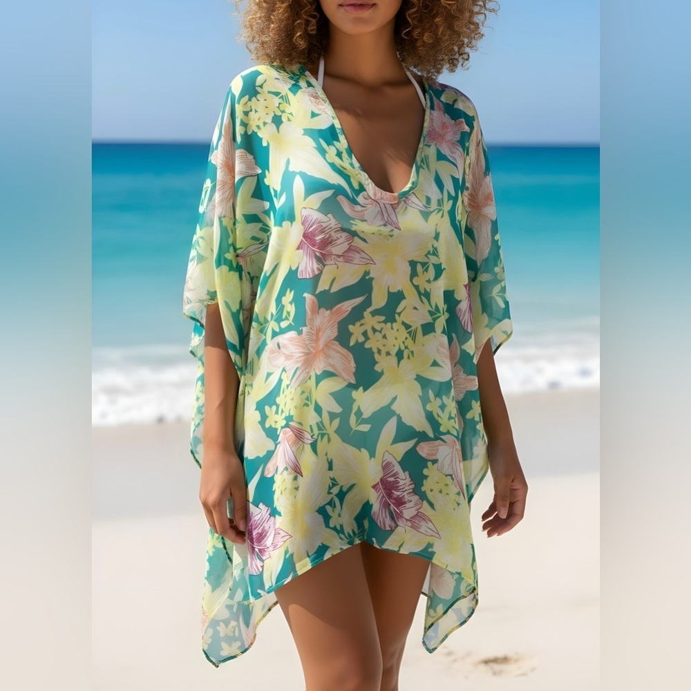 Tropical Floral Chiffon V-Neck Poncho Swimsuit Coverup